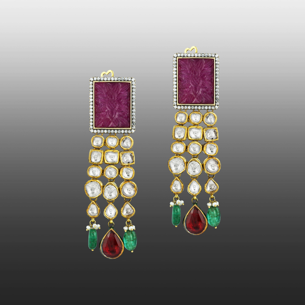 Carved Ruby Earrings with Polki, Red Teardrop & Emerald Beads